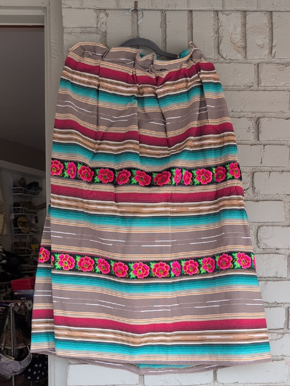 Striped Ribbonskirt Skirt with Floral Embroidery - Taupe, Teal & Pink
